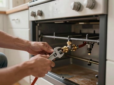 Technician's hands connecting a gas line fitting beneath a freestanding range, wrench in hand, floor-level framing, natural light from kitchen window above