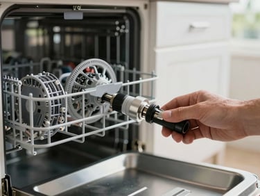Close-up of a dishwasher's spray arm being removed by a technician's hand, interior of the machine visible, kitchen setting, daylight from window