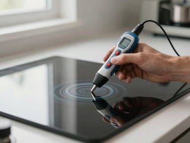 Tight framing of a cooktop glass surface being examined by a technician's hand holding a diagnostic tool, window light from the left, kitchen counter visible in soft background