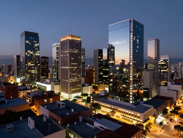 Rooftop moderno en Villa Morra, vista panorámica de la zona financiera con luces urbanas al anochecer, ambiente sofisticado.