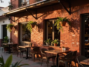 Café moderno en Las Mercedes con mesas al aire libre, plantas colgantes, paredes de ladrillo rojo y luz cálida de atardecer.