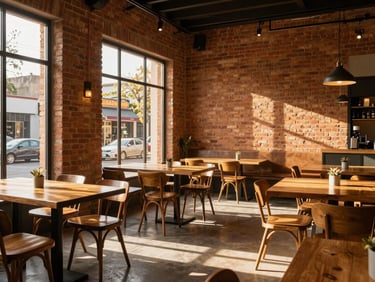 Wide angle shot of a modern, warm brick cafe interior in Asunción, golden hour sunlight streaming through large windows casting long shadows on wooden tables.