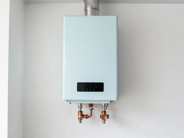A modern high-efficiency boiler system mounted on a clean white wall in an immaculate mechanical room, symmetrical framing, bright lighting