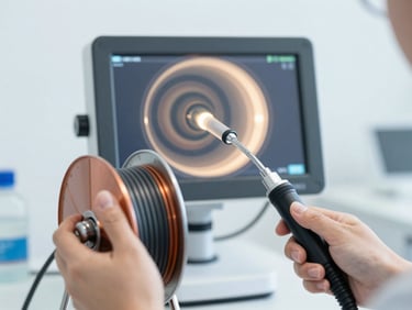 A professional diagnostic drain camera monitor showing clear pipe interior, hands holding the cable reels, bright utility lighting