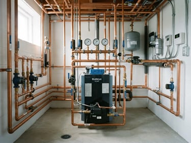 Immaculate residential boiler room with clean copper piping arrays and pressure gauges, bright natural utility lighting, sharp focus, 35mm photography