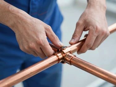 Hands working with professional tools on a clean copper pipe joint, bright natural utility lighting, cool blue tones, sharp focus