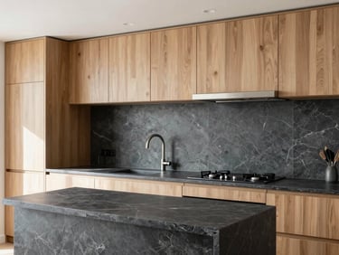 Crisp architectural photography of a modern residential kitchen renovation, showing high-quality finishes and natural light, slate and timber tones.