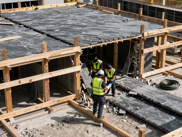 Controlled demolition site with precise structural elements being removed, showing safety protocols and organized work, high-contrast.