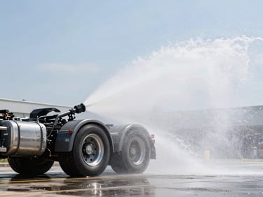 Low-angle heroic shot of a semi-truck chassis receiving a high-pressure undercarriage water blast, dramatic water spray, bright daylight, 35mm lens