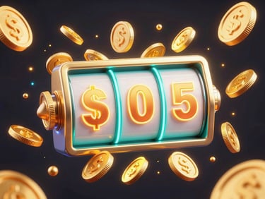 Vibrant 3D render of glowing golden coins exploding out of a digital neon slot reel, high-contrast dark background with gold highlights, octane render