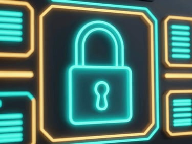 Close-up vibrant 3D render of a glowing neon cyan security lock integrated into a high-tech digital gaming interface, dark background, octane render
