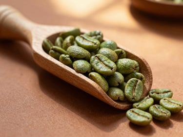 Close-up macro shot of raw green and roasted coffee beans in a wooden scoop, warm side-lighting with natural shadows, rich terracotta tones.