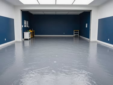 Straight-on architectural shot of a clean garage floor with high-performance gray epoxy coating, neat organized equipment, crisp white commercial lighting
