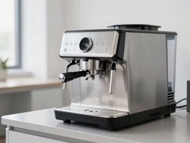 A pristine commercial bean-to-cup coffee machine in a bright modern corporate office kitchen, clean stainless steel details, 35mm lens.