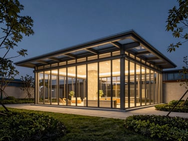 Architectural commercial pavilion with glass facade and steel beams, surrounded by manicured gardens, twilight