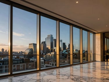 Sleek penthouse interior with floor-to-ceiling glass windows overlooking London skyline at dusk, marble floors