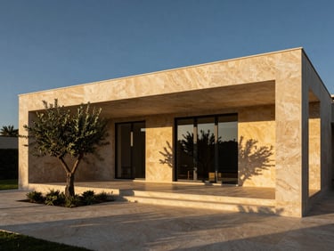 Wide architectural exterior of a luxury modern pavilion at golden hour, sharp shadows on travertine stone, minimalist landscaping with a single olive tree