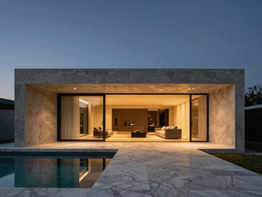 Minimalist modern villa at twilight, sharp concrete lines, marble pool deck, warm interior glow
