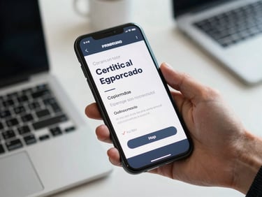Primer plano de una mano sosteniendo un dispositivo móvil que muestra un certificado de firma digital aprobado, fondo de oficina corporativa.