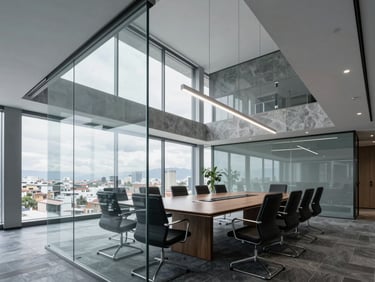 Structured architectural shot of a modern corporate boardroom in Quito, bright cool daylight, clean glass and slate gray tones.