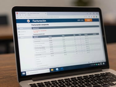 Pantalla de laptop mostrando un software de facturación corporativa con facturas emitidas de forma clara y organizada.