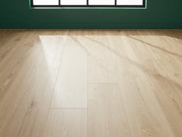 Straight-on clean lines of installed matte oak vinyl flooring, architectural shadows, sharp focus, 35mm