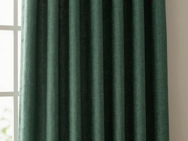 Close-up of heavy linen curtain fabric texture in deep hunter green, natural window light casting soft shadows, 35mm