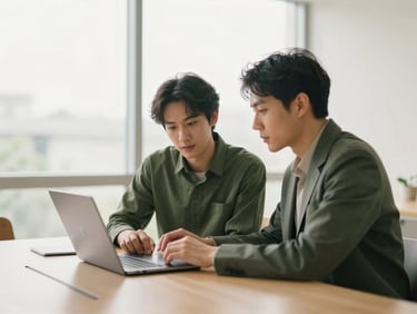 Quiet collaborative moment in a well-lit meeting room, two professionals reviewing data on a laptop, soft natural overcast daylight, warm editorial photography, muted forest green and cream tones, shallow depth of field, 35mm.