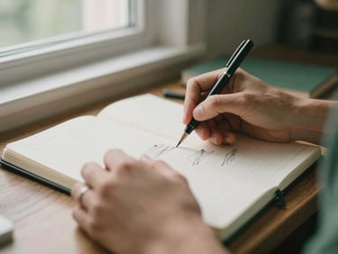 Close-up of a designer's hands sketching ideas in a notebook, structured workspace environment, soft natural window light, warm editorial photography, muted forest green and cream tones, shallow depth of field, 35mm.