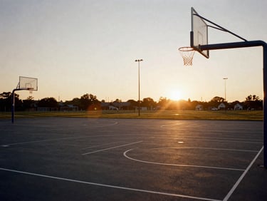 Wide environmental shot of a recently refurbished community basketball court at sunset, new nets, clean lines, low horizon, 35mm film grain.