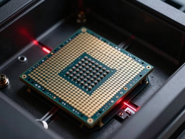 Macro shot of a quantum processor core inside a dilution refrigerator, illuminated by sharp laser-red edge lighting, deep obsidian shadows, high-contrast technical environment, no people.