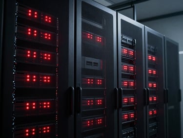 Low-key, high-contrast atmospheric shot of high-end server racks in a dark room, glowing with sharp red LED indicator lights, deep shadows, cleanroom aesthetic.