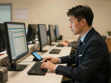 Medium shot of an agent at a service counter typing on a computer, phone beside keyboard, screen showing a case tracking interface, warm tungsten lighting, genuine mid-task moment, no posed smiling