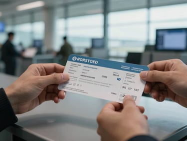 Close-up of hands holding a printed boarding pass over an airport check-in counter, natural cool daylight from a terminal window, ticket details in focus, counter surface visible below