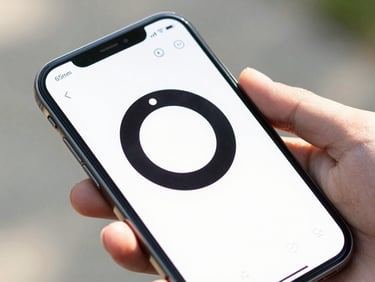 A close-up of a smartphone screen showing a bright wellness tracker with a large circular step counter, held by someone outdoors, natural sunlight.