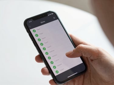 A close-up of a hand holding a phone displaying a clean, dark-mode task list with green checkmarks, bright daylight, soft shadows.