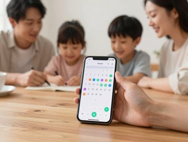 A family sitting together at a wooden table, a phone in the foreground displaying a colorful shared calendar app, warm natural light.
