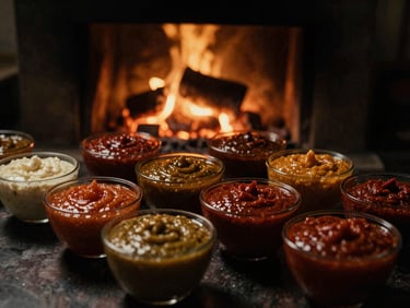 Atmospheric shot of fresh house sauces being prepared in a dark moody kitchen setting, warm low-key lighting, glowing embers in the background, deep shadows, 35mm film texture