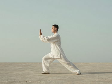 A solitary figure in a slow, deliberate Qi Gong posture, soft diffused natural daylight, minimalist composition with ample negative space, muted sage background, 35mm