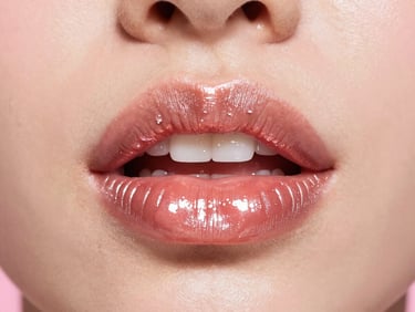 Macro beauty shot of a model with high-gloss glass lips, reflective rose gold flares, vibrant pink background, sharp studio lighting