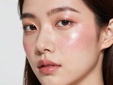High-contrast strobe portrait of a model with metallic rose-gold highlighter on cheekbones, bright studio lighting, sharp focus