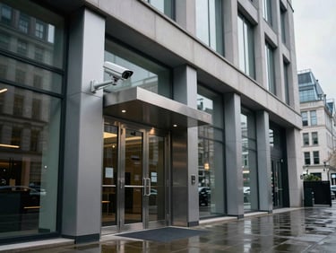 Exterior of a modern London commercial building at overcast midday, a security camera housing mounted above a steel entrance door, wet pavement reflecting the grey sky, precise architectural framing, cool daylight