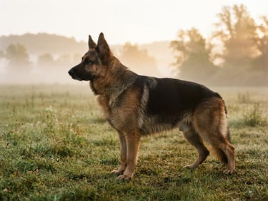 Low-angle shot of a noble German Shepherd standing proudly in a misty field at golden hour, sharp profile, rich black and tan coat texture, 35mm photography