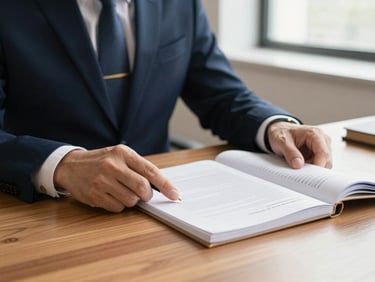 Hands of an experienced lawyer reviewing physical legal files on a warm wooden desk, soft natural light, deep navy tones, professional atmosphere
