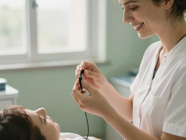 Mãos de um profissional delicadamente ajustando um fone de ouvido sem fio em um paciente sorrindo, em um ambiente de clínica odontológica iluminado por luz natural. Plano médio, tons de areia e verde sálvia, atmosfera calma.