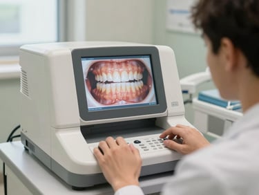 Um escâner intraoral digital moderno sendo manuseado por um dentista (mãos visíveis) em um close suave, com foco no equipamento e na tela de um computador mostrando uma imagem 3D de dentes. Fundo desfocado de ambiente clínico. Luz natural, tons neutros.
