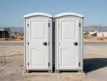Two portable restroom units staged side by side on a flat construction site lot, bright midday California sun, clean white and blue units with closed doors, gravel ground, no workers in frame