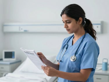 A focused Indian female doctor in clinical scrubs reviewing digital charts in a brightly lit, modern hospital ward, clean editorial photography, cool professional tones.