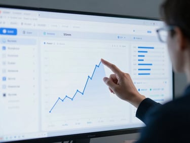 Medium close-up of a financial advisor analyzing a clean digital dashboard with cool blue studio lighting, sharp focus, 35mm