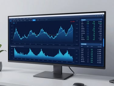 A wide angle of a modern workspace screen displaying real-time financial intelligence charts, electric blue lines on deep navy, crisp studio lighting.